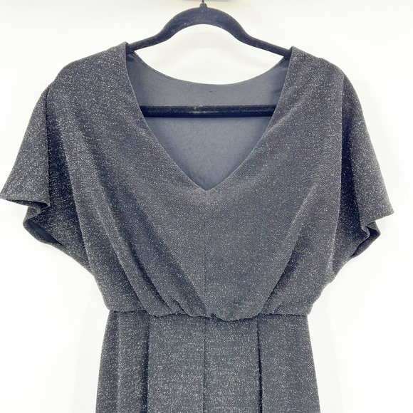 Donna Morgan Silver Metallic Knit Dress Flutter Sleeve V Neck Evening Formal - Picture 5 of 7